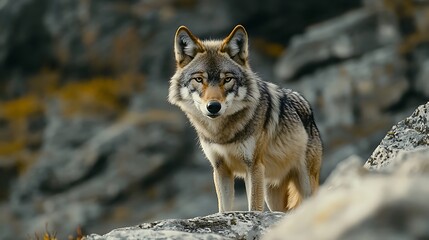 Obraz premium A close-up of a wolf standing on rocky terrain, showcasing its natural beauty.