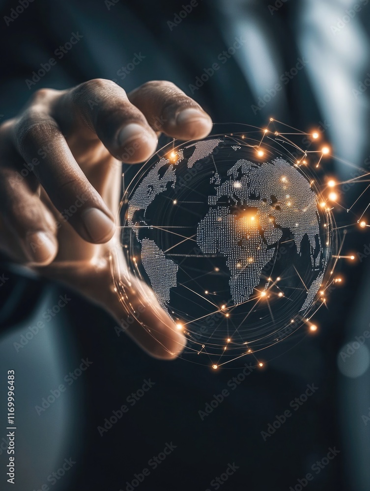 Poster hand reaching out to touch a globe with digital network connections and data points, suggesting glob