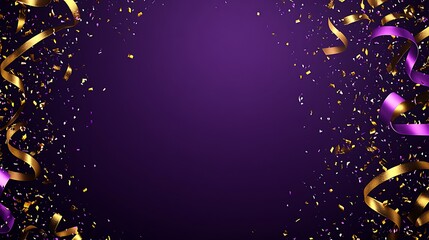 Purple Background with Gold and Purple Ribbons and Confetti