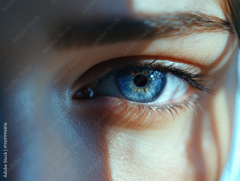 Poster a close-up image of an eye focusing on the iris and pupil with the background softly blurred.
