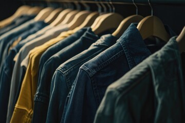 Fototapeta premium An array of denim jackets in various colors displayed on hangers for sale. A diverse selection suitable for spring and casual wear.