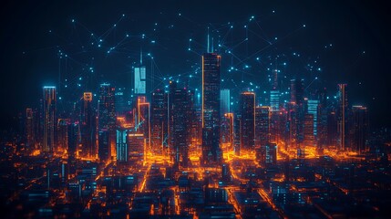 Fototapeta premium A futuristic metropolis at night, glowing trade route lines connecting cities across the sky, towering skyscrapers illuminated by neon lights, vibrant colors reflecting off a high-tech urban layout,