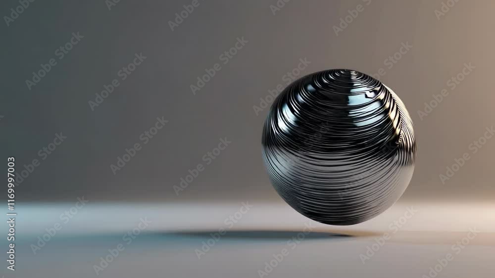Poster floating metallic 3d sphere with reflective and grooved textures on a minimalist background.