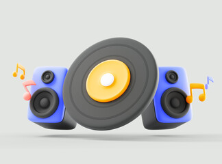 3D Loudspeakers with vinyl record and DJ turntable. 3d render audio equipment like boombox and vinyl record player for sound recording studio. 3d rendering illustration
