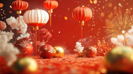 Obraz premium A colorful Chinese New Year-themed composition with a red background, adorned with golden ornaments, white accents, and vibrant red lanterns, surrounded by dynamic fireworks and soft sparkles