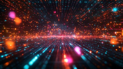 Naklejka premium A futuristic visualization of a glowing world map composed of radiant dots and lines, dark holographic grid background, vibrant neon colors illuminating the scene, cinematic lighting, hd quality,