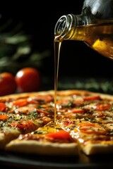 This image features a delicious pizza with tomato sauce and fresh toppings, being drizzled with high-quality extra virgin olive oil for added flavor.
