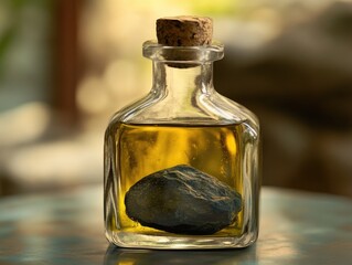 Ancient remedy with rock in oil preserved inside an amber bottle, possibly for display or as a natural preservative.