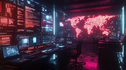 A futuristic world map composed of interconnected glowing dots and pulsing neon lines, holographic visuals floating above a sleek digital workspace, cinematic atmosphere, sharp photorealistic details,