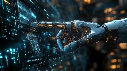 Fototapeta premium A global team of professionals using AI to control robotic arms, futuristic technology seamlessly blending with human skill, holograms of interconnected global networks, photorealistic lighting,