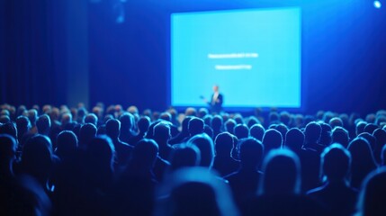 Large Audience at Event Watching Speaker on Stage with Blue Lighting and Projected Screen in Background Capturing Engaged Crowd