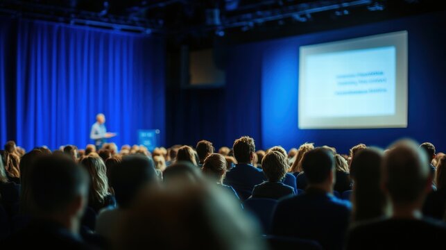 Large Crowd of People Attending an Event and Watching a Speaker Present on a Stage with Blue Lighting in a Conference Setting
