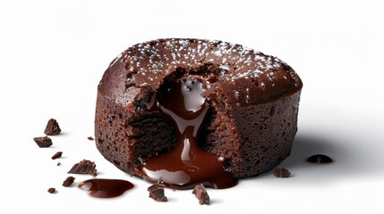 62. Chocolate lava cake with molten center flowing out, Isolated, White background, Editorial Photography, Studio lighting, Magazine foods style