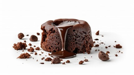 62. Chocolate lava cake with molten center flowing out, Isolated, White background, Editorial Photography, Studio lighting, Magazine foods style