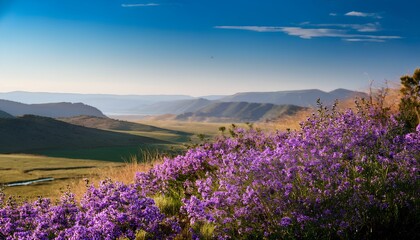 Fototapeta premium lavender field in the mountains at the morning. spring in the mountains. Purple flowers growing in meadows with beautiful mountain scenery in summer