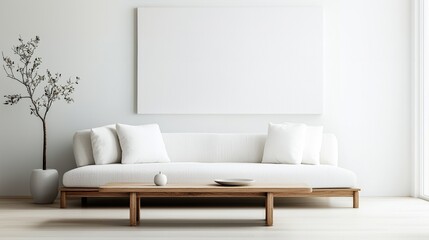 A minimalist living room featuring a white sofa, decorative cushions, a large wall art piece, and a plant by a window for an airy feel.