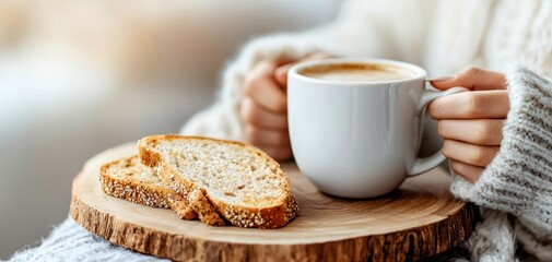 A cozy scene featuring a person holding a cup of coffee beside a slice of bread on a wooden platter, perfect for a warm, inviting breakfast.