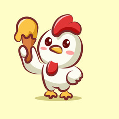 A cute cartoon chicken character holding a dripping ice cream cone