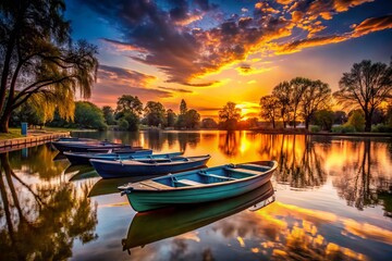 Silhouette of Boats Moored at a Pond in Varosliget Park, Budapest, Hungary