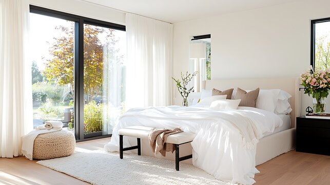 Bright, modern bedroom with large windows, white bedding, and a plush rug. - Powered by Adobe