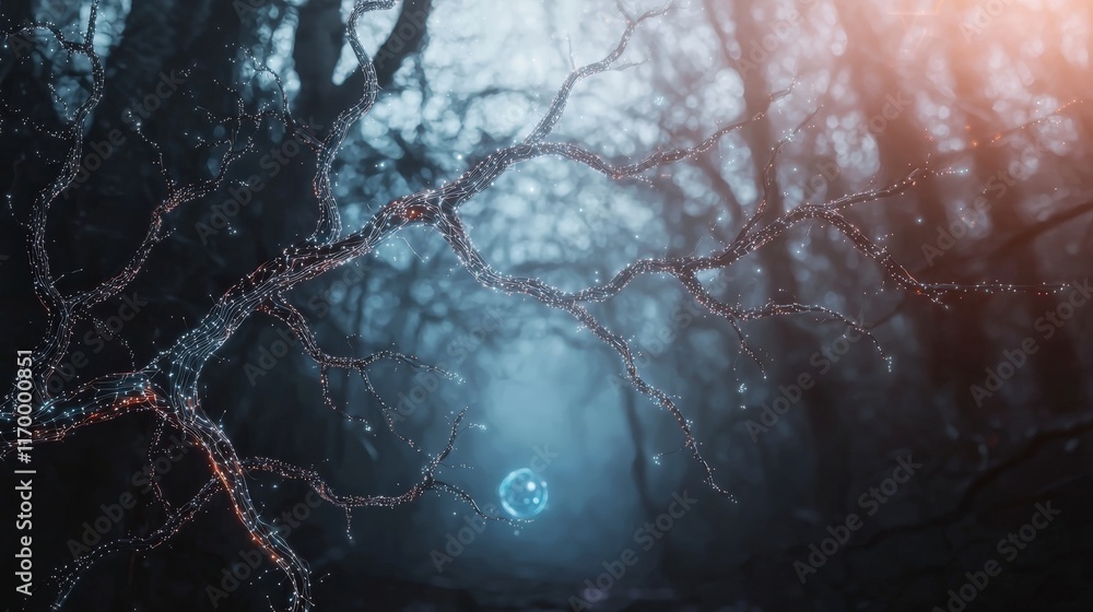Poster mystical forest ai quantum computing digital tree glowing orb nature technology