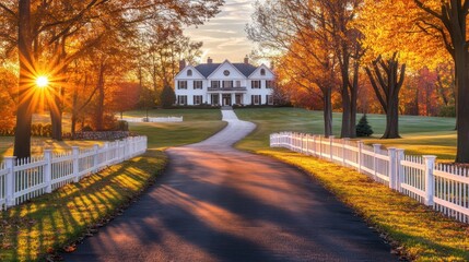 A gated driveway curves gently through a landscape, lined with white picket fences, leading to a grand home glowing under a vibrant autumn sunset