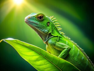 Naklejka premium Silhouette of Juvenile Green Iguana Resting on Lush Tropical Foliage