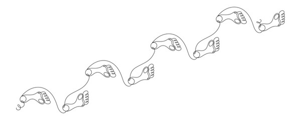 Footprint and barefoot drawn with continuous line in minimalism, steps, gait, podology, one line, editable vector contour