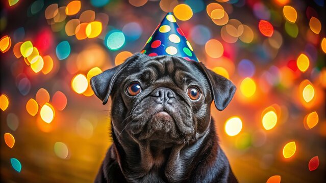 Silhouette of Pug Dog in Party Hat, Festive Background - Stock Photo