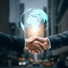 Business people shaking hands with a globe symbolizing global cooperation and partnership