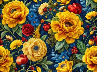 Bold textile design:  A macro floral wallpaper showcasing peonies, poppies, and thistles in sunny yellow, deep green, and dark blue.