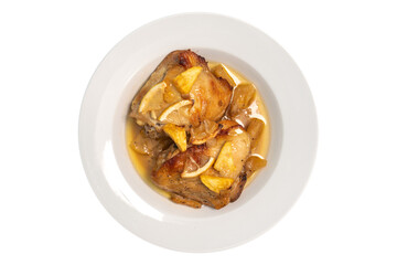 Baked chicken thighs with pineapple on isolated white background, Top view