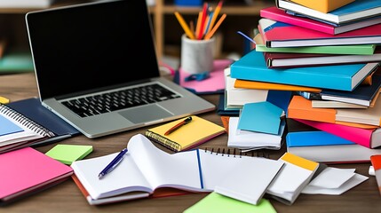 A cluttered workspace with a laptop, books, and stationery for studying or working.