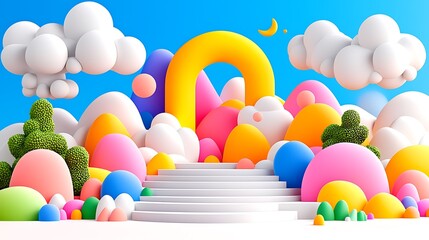 Colorful 3D rendered landscape with arch, clouds, hills, and stairs.