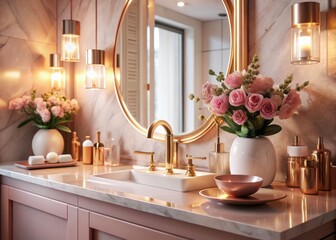 Soft Pink Bathroom, Cosmetic Accessories, Elegant Interior Design, Stock Photo