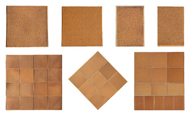 Top view of isolated reddish brown rustic natural stoneware outdoor floor. Classic rough anti-slip...