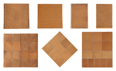 Top view of isolated reddish brown rustic natural stoneware outdoor floor. Classic rough anti-slip matte terracotta ceramic square tiles, rectangular slab border on transparent bakground. 
