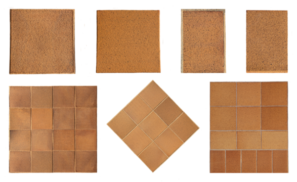 Top view of isolated reddish brown rustic natural stoneware outdoor floor. Classic rough anti-slip matte terracotta ceramic square tiles, rectangular slab border on transparent bakground. 