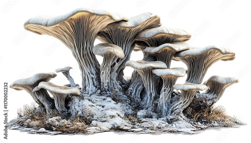 Poster a cluster of stylized, large mushrooms with intricate gills and textures.