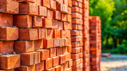 Naklejka premium Stack of Red Bricks, Construction Material, Building Blocks, Copy Space Left