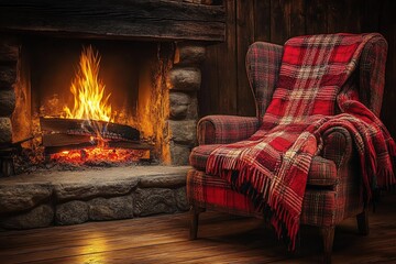 Cozy armchair by a crackling fireplace in a rustic cabin.
