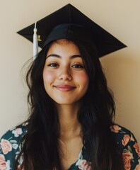 An American woman wears a brightly colored graduation cap against a soft cream background. The light is evenly diffused, and her face is in sharp focus