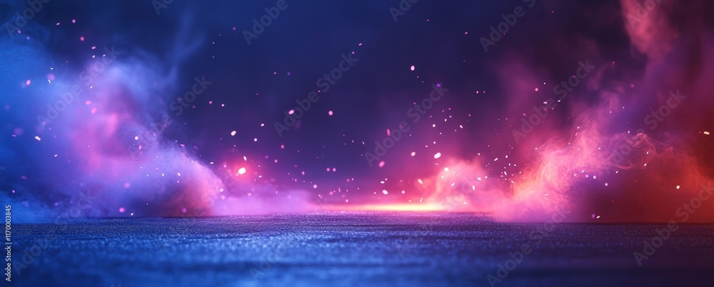 Poster abstract dark background with blue light rays and colorful glimmers on an asphalt surface for creati