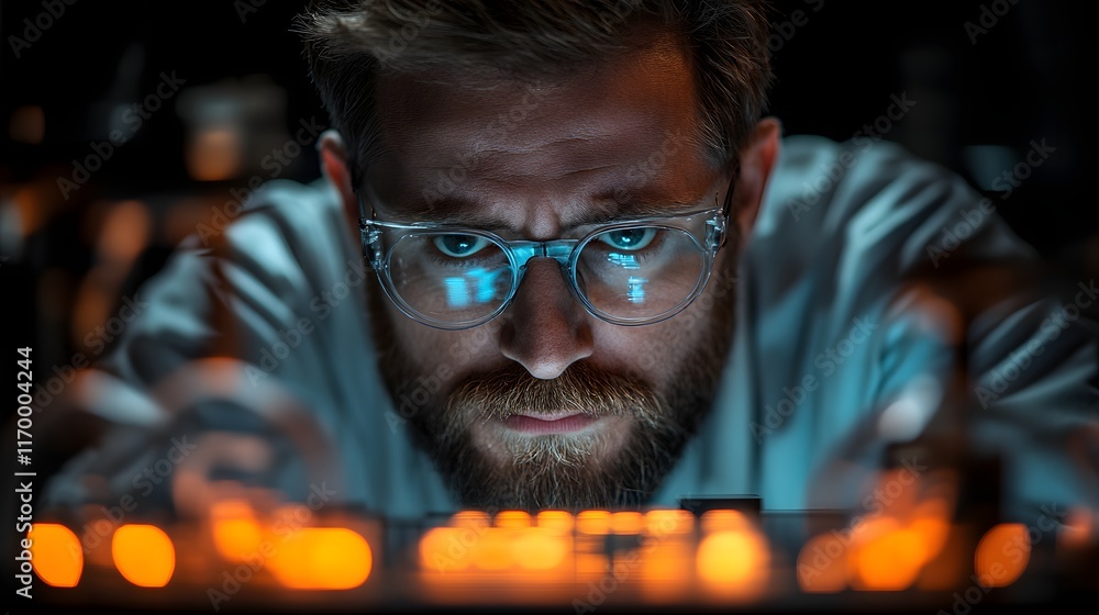 Poster a close-up of a focused scientist engrossed in his work at night in a laboratory setting, surrounded
