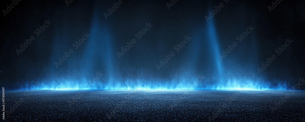 Poster abstract dark background with blue light rays illuminating the ground for creative visual projects a