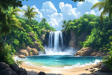 Lush Tropical Waterfall Cascading into a Tranquil Beach Cove
