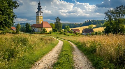 Serene Countryside Church and Winding Path