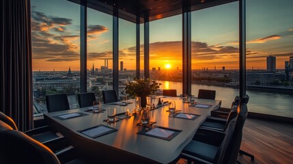 Fototapeta premium A modern meeting room overlooking a stunning cityscape at sunset, warm tones from the light reflecting off the decor, inspiring focus and collaboration