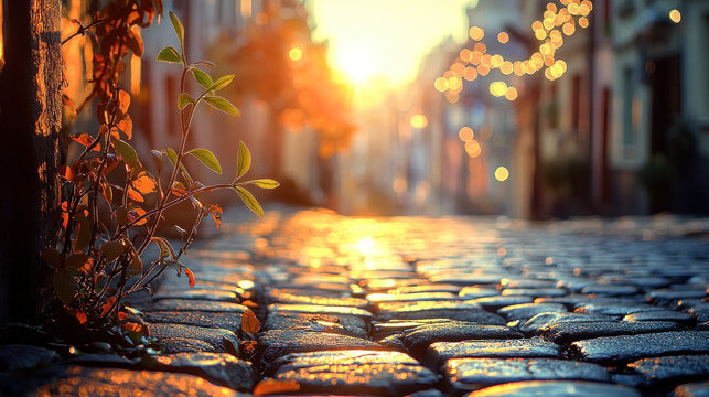 Cobblestone street at sunset with glowing lights.