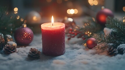 Festive Candle Lit Amidst Christmas Ornaments and Snow